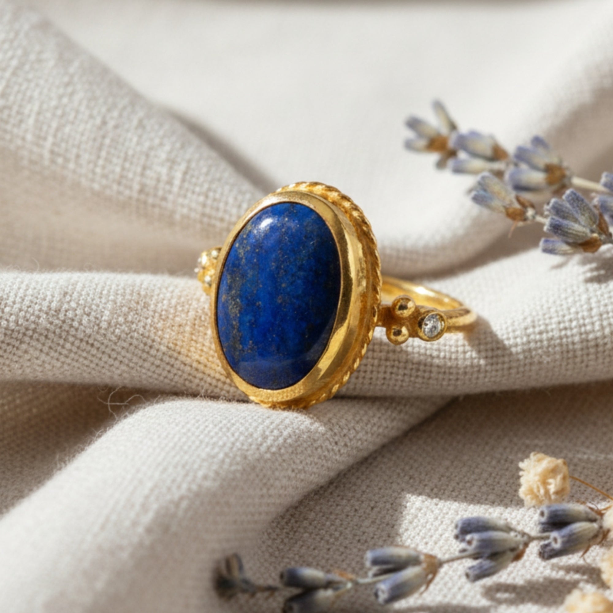 Fine Turkish lapis lazuli ring crafted in Bodrum workshop - 24k gold plated 925 silver by Sultan