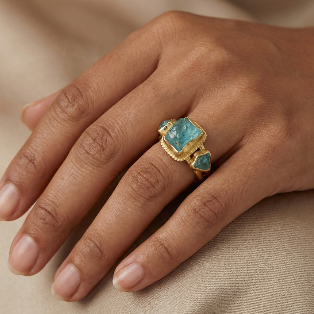 Silver blue apatite ring on hand, 925 silver jewelry with raw natural stone, perfect gift for women who love unique designer pieces
