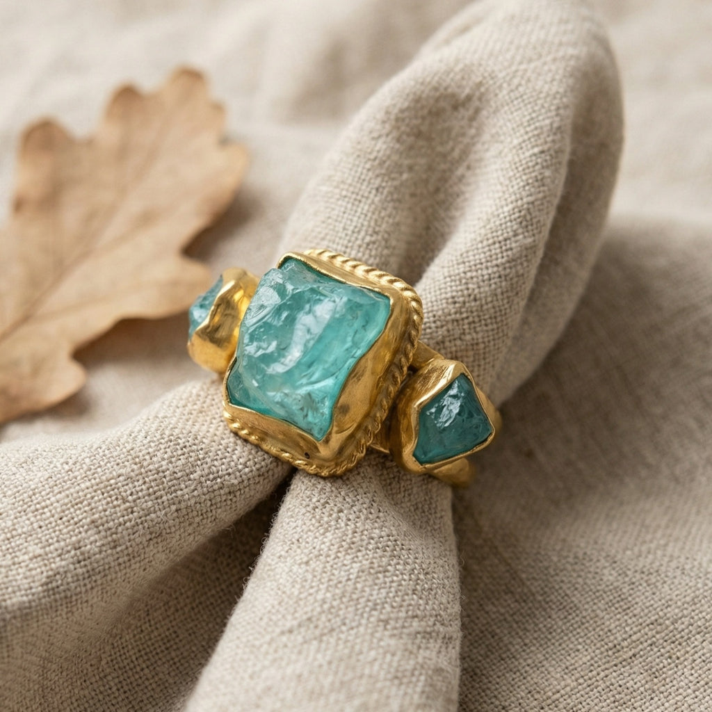 Turkish artisan blue apatite ring with hammered texture, 925 sterling silver jewelry handmade by Sultan in Bodrum atelier
