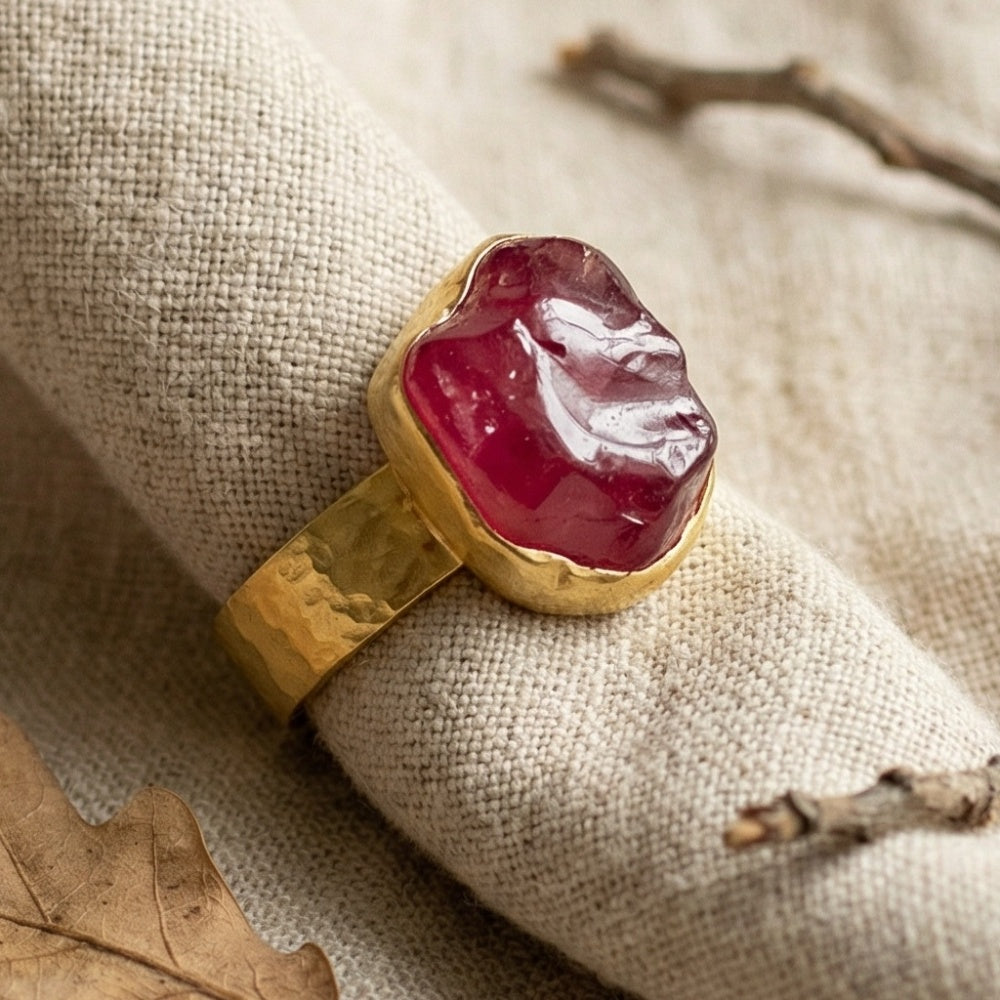 Artisan raw ruby ring detail showing natural rough gemstone with gold plating on sterling silver, handmade Turkish jewelry
