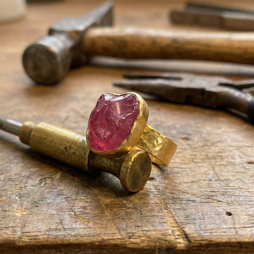 Designer gold raw ruby stack ring inspired by ancient civilizations, handcrafted 925 silver jewelry from Bodrum workshop
