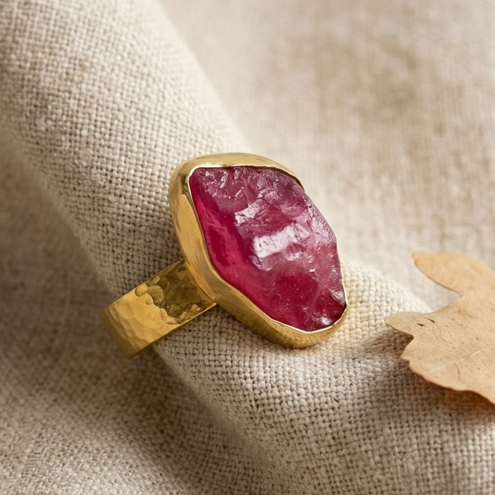 Artisan raw ruby ring detail showing natural rough gemstone on sterling silver, handmade Turkish jewelry
