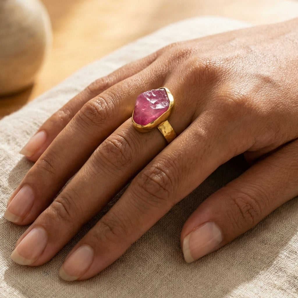 Close-up of Turkish artisan raw ruby stack ring showing detailed natural rough stone, handcrafted in Bodrum atelier

