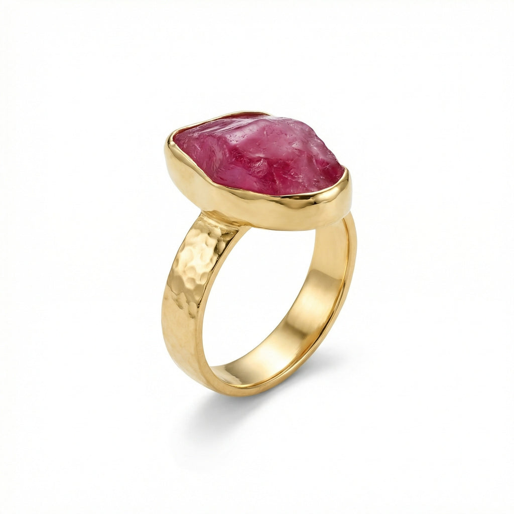 Handmade silver raw ruby stack ring by Sultan, 925 sterling silver with ancient inspired design, symbol of passion and vitality
