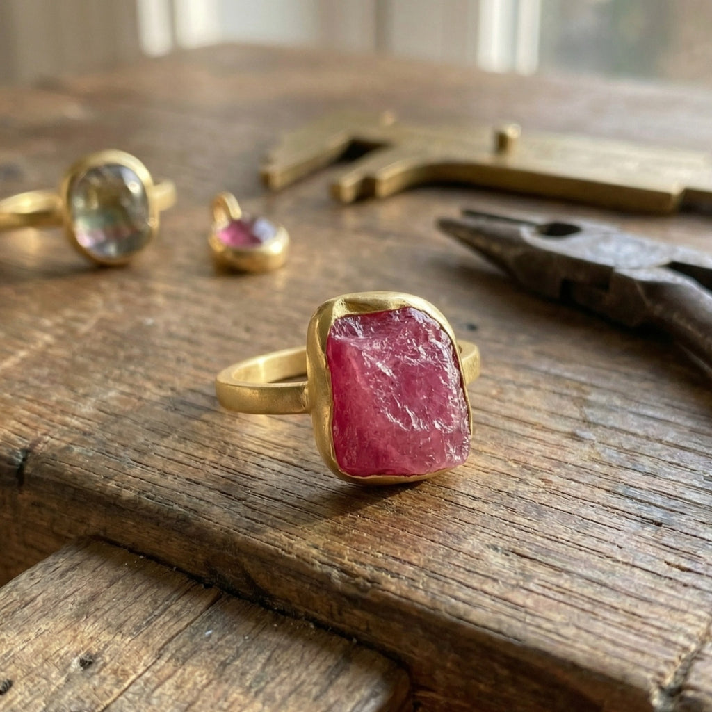 Artisan raw ruby ring detail showing natural rough gemstone on polished sterling silver, handmade Turkish jewelry
