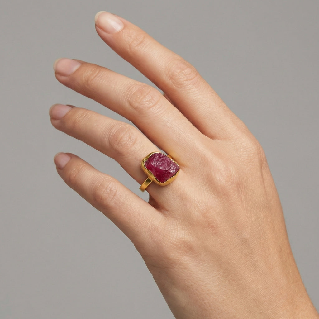 Close-up of Turkish artisan raw ruby stack ring showing detailed natural rough stone, handcrafted in Bodrum atelier
