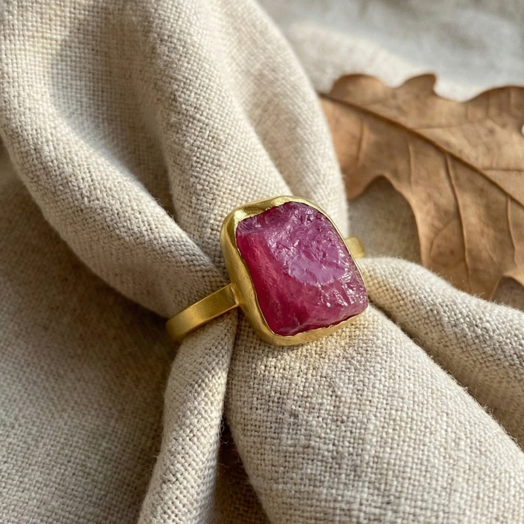 Designer silver raw ruby stack ring inspired by ancient civilizations, handcrafted 925 silver jewelry from Bodrum workshop
