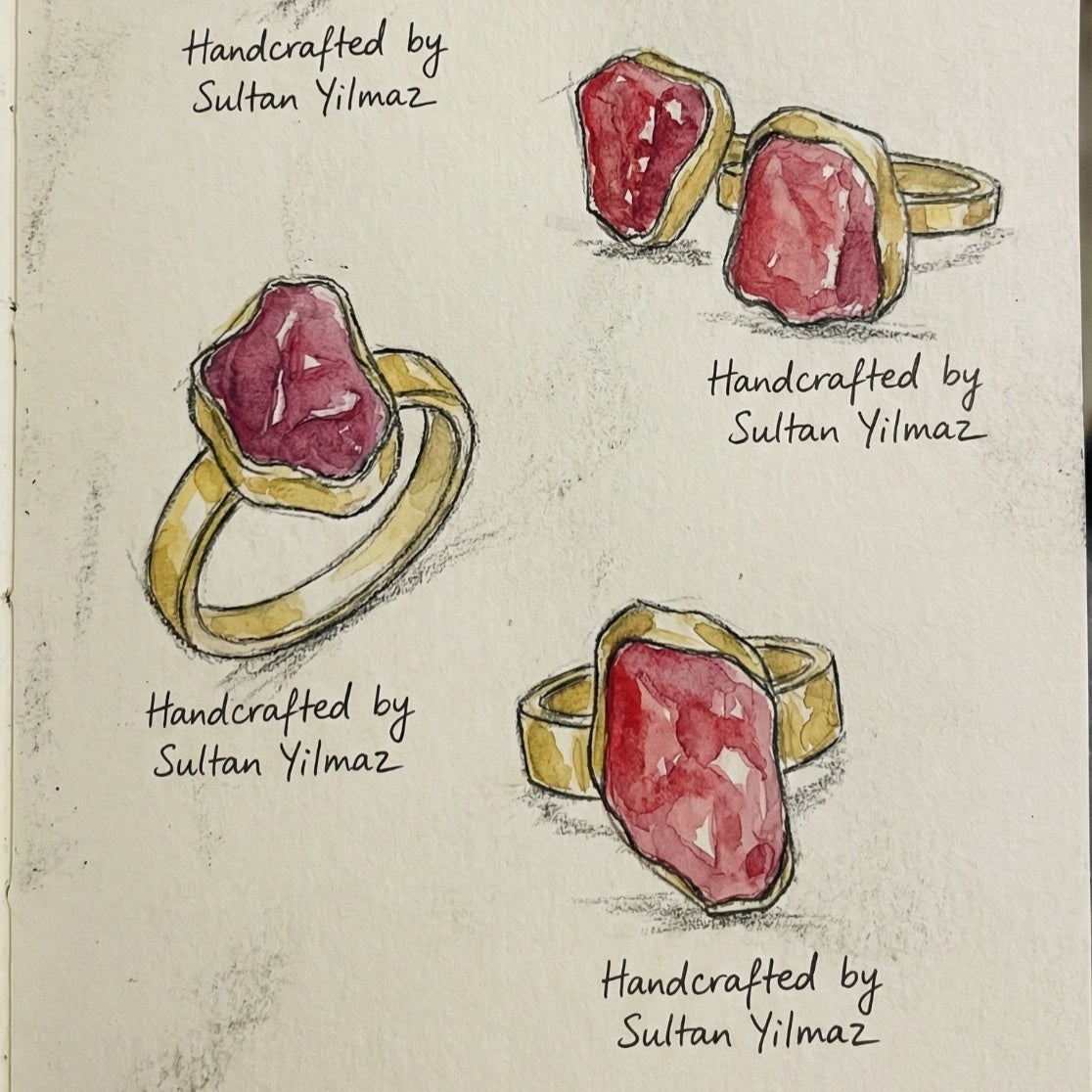 Turkish artisan raw ruby stack ring with 24K gold plating, 925 sterling silver jewelry handmade by Sultan in Bodrum atelier

