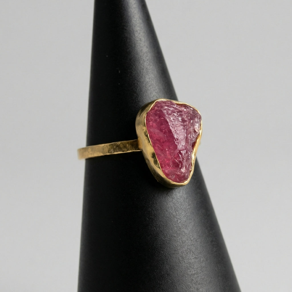 Artisan raw ruby ring detail showing natural rough gemstone with gold plating on sterling silver, handmade Turkish jewelry
