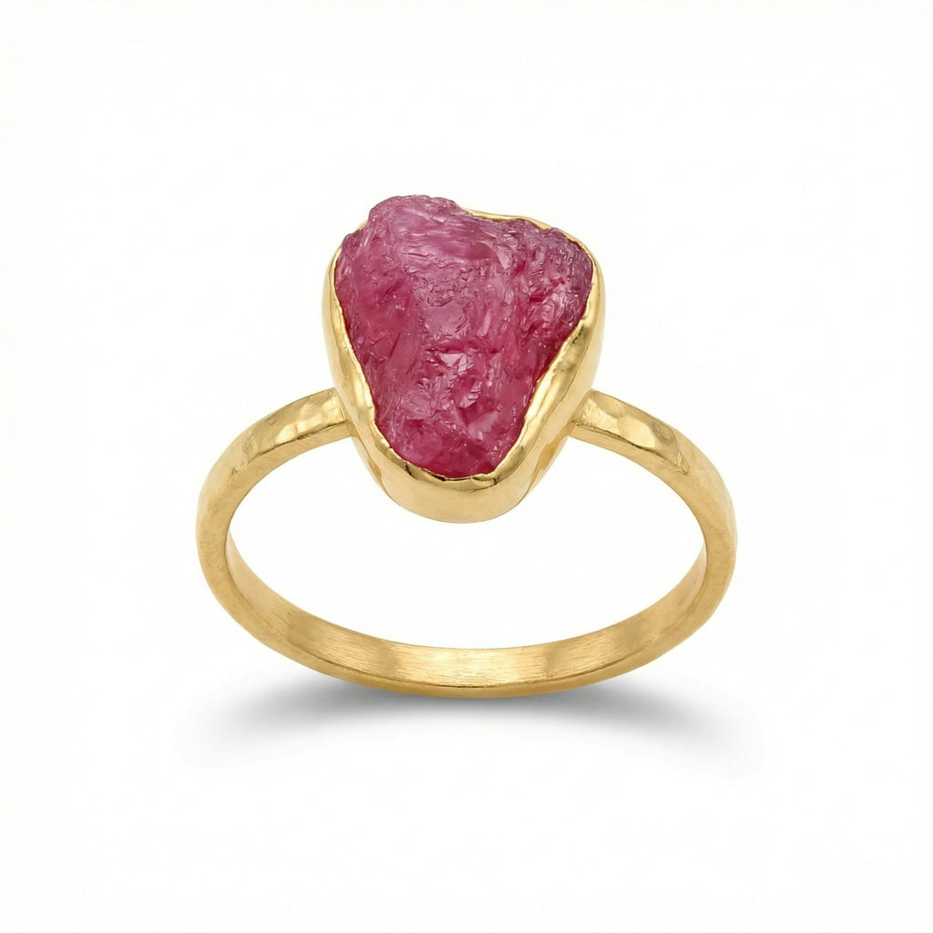 Handmade gold raw ruby stack ring by Sultan, 925 sterling silver with ancient inspired design, symbol of passion and vitality
