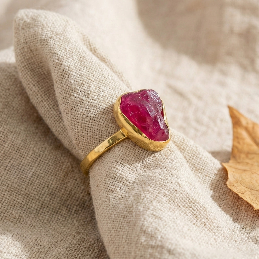 Designer gold raw ruby stack ring inspired by ancient civilizations, handcrafted 925 silver jewelry from Bodrum workshop
