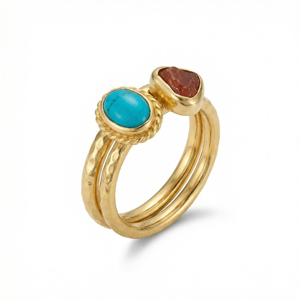 Designer Ruby Turquoise ring set from AtelierSultan Bodrum, handcrafted Turkish artisan jewelry with 925 sterling silver and dual stone power