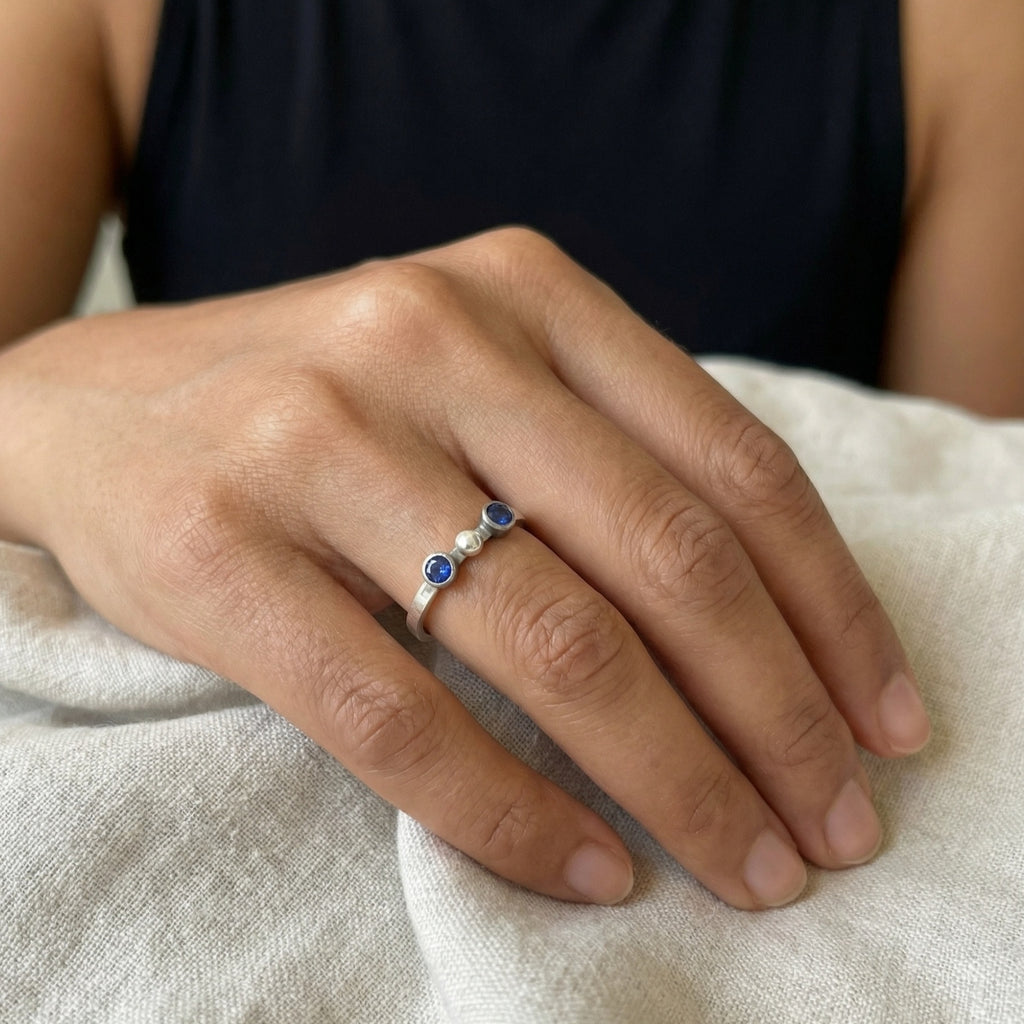 Turkish artisan iolite ring with topaz accents - authentic handmade craftsmanship from Bodrum atelier