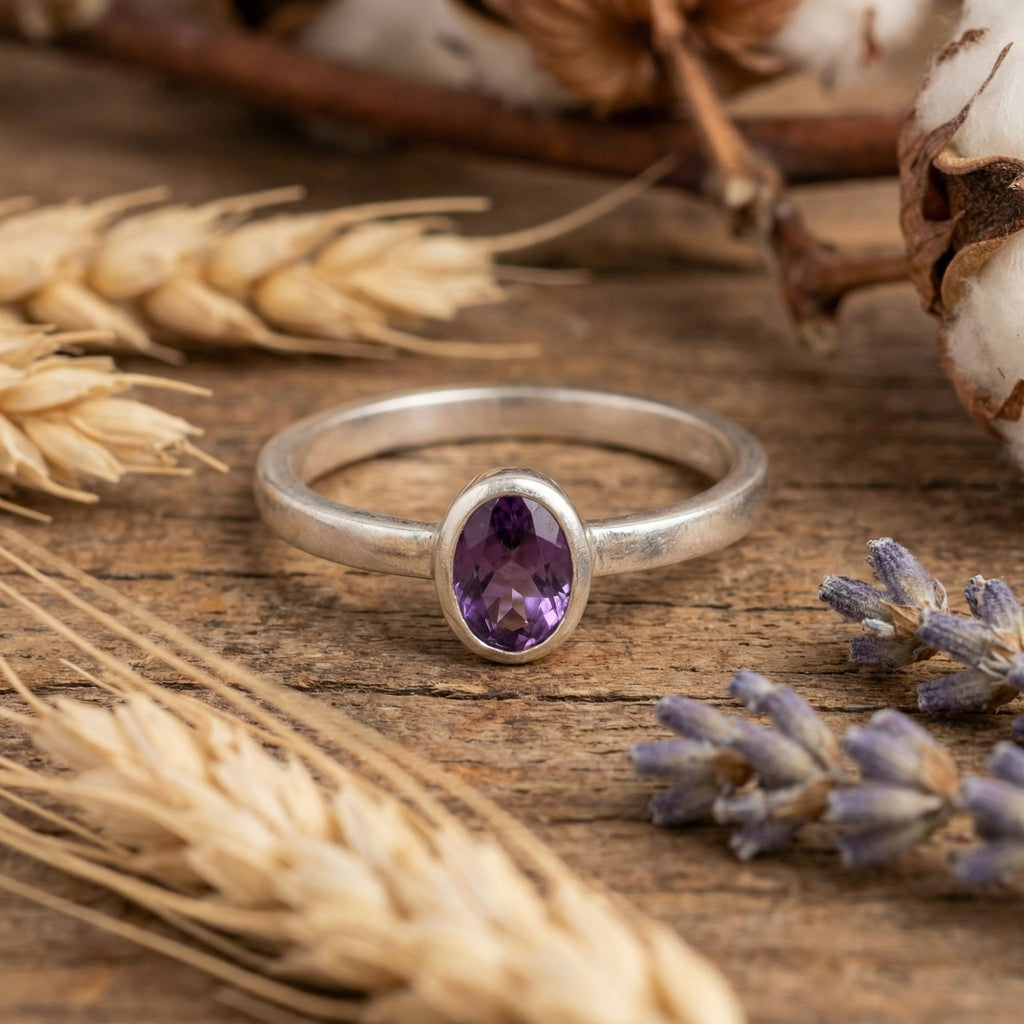 Artisan amethyst ring detail showing natural purple gemstone with sterling silver, handmade Turkish jewelry

