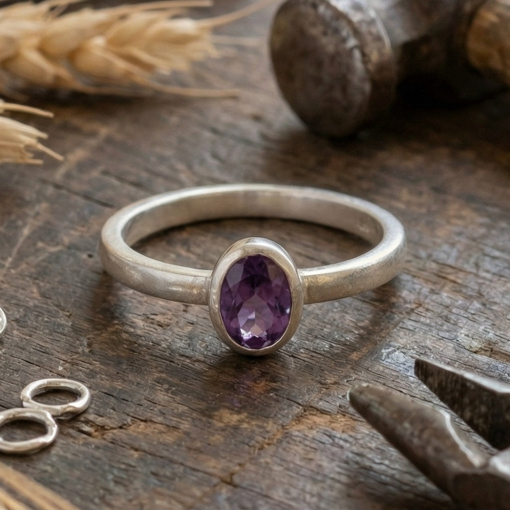 Designer amethyst stack ring inspired by ancient civilizations, handcrafted 925 silver jewelry from Bodrum workshop
