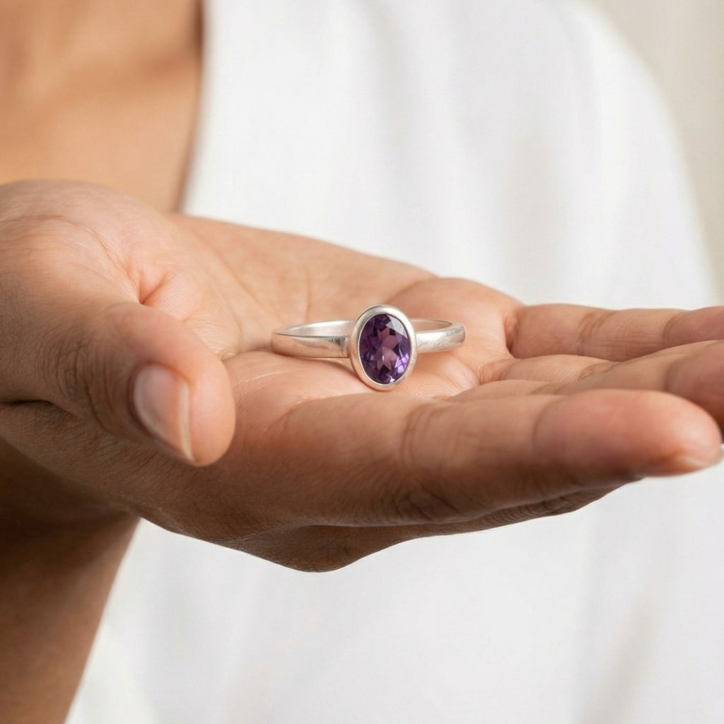 amethyst stack ring on hand, 925 silver jewelry with purple gemstone, perfect gift for women who love unique designer pieces
