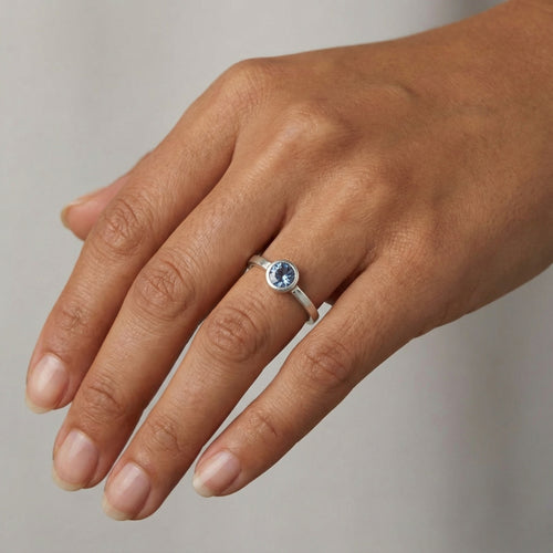 Close-up of Turkish artisan aquamarine stack ring showing detailed  natural blue gemstone, handcrafted in Bodrum atelier
