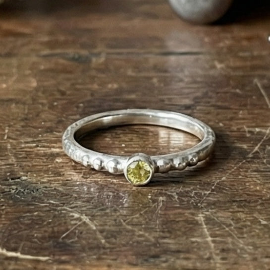 Silver hammered canary topaz  stack ring on hand, 925 silver jewelry with minimalist design, perfect gift for women who love unique designer pieces
