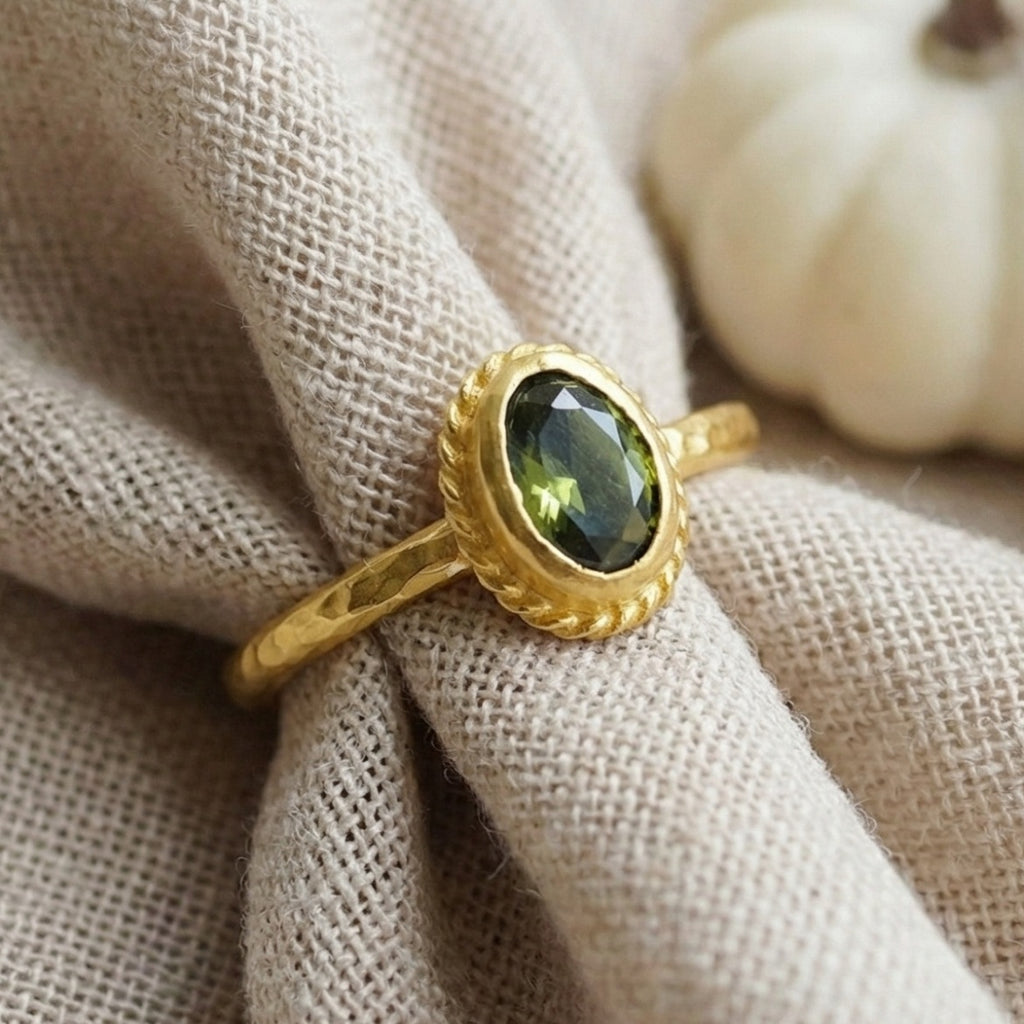 Gold plated peridot stack ring on hand, 925 silver jewelry with green gemstone, perfect gift for women who love unique designer pieces
