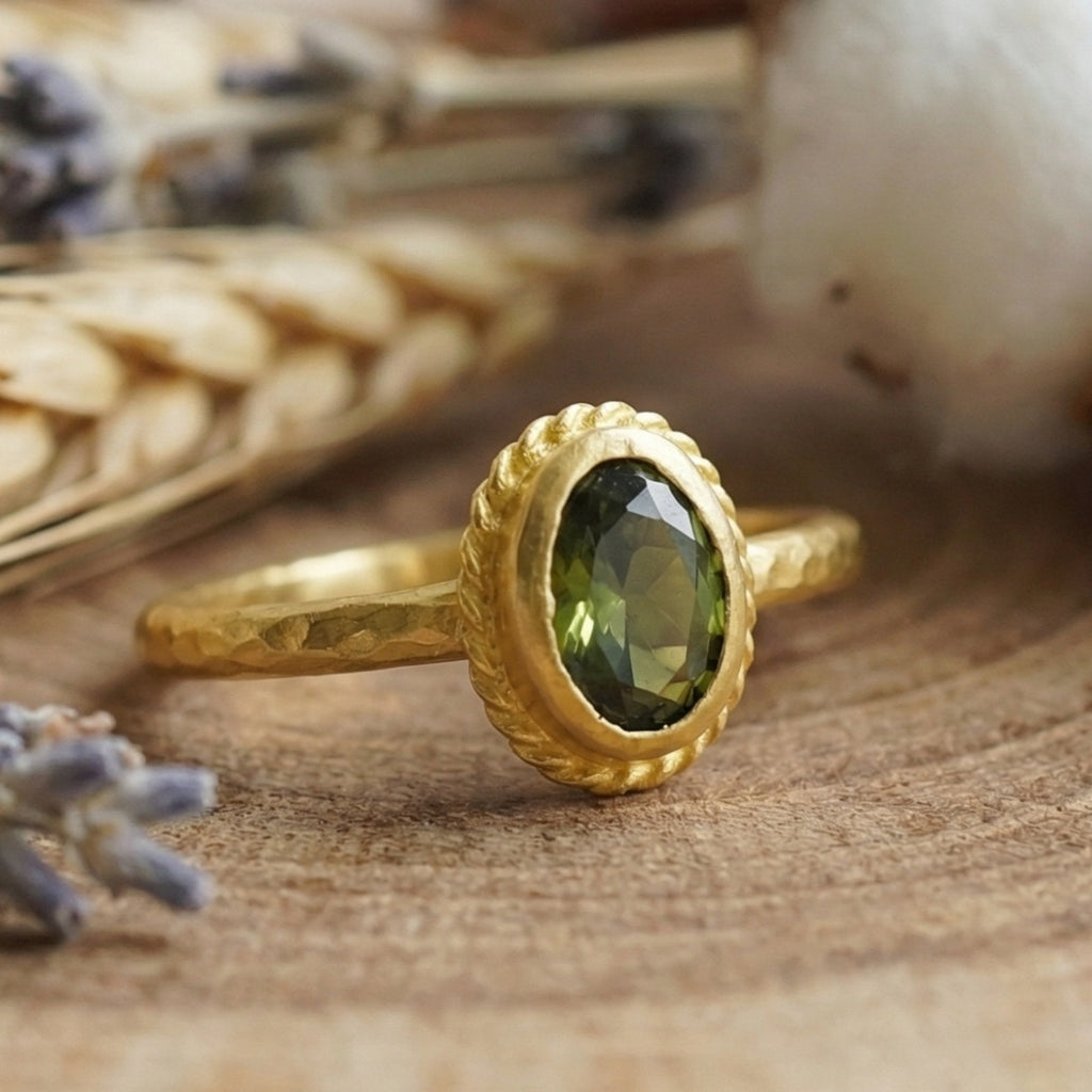Designer gold peridot stack ring inspired by ancient Roman civilizations, handcrafted 925 silver jewelry from Bodrum workshop
