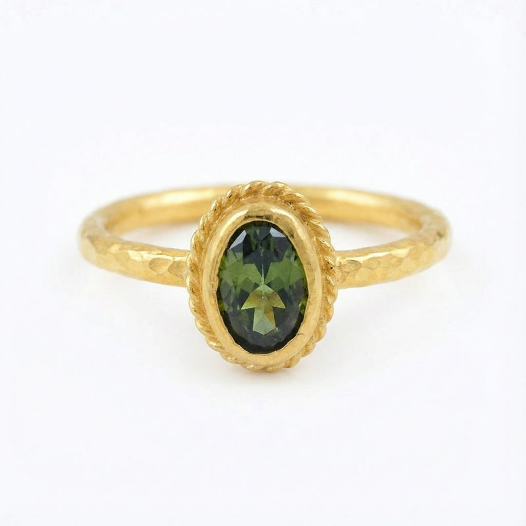 Handmade gold peridot stack ring by Sultan, 925 sterling silver with ancient Roman inspired design, symbol of balance and positive energy
