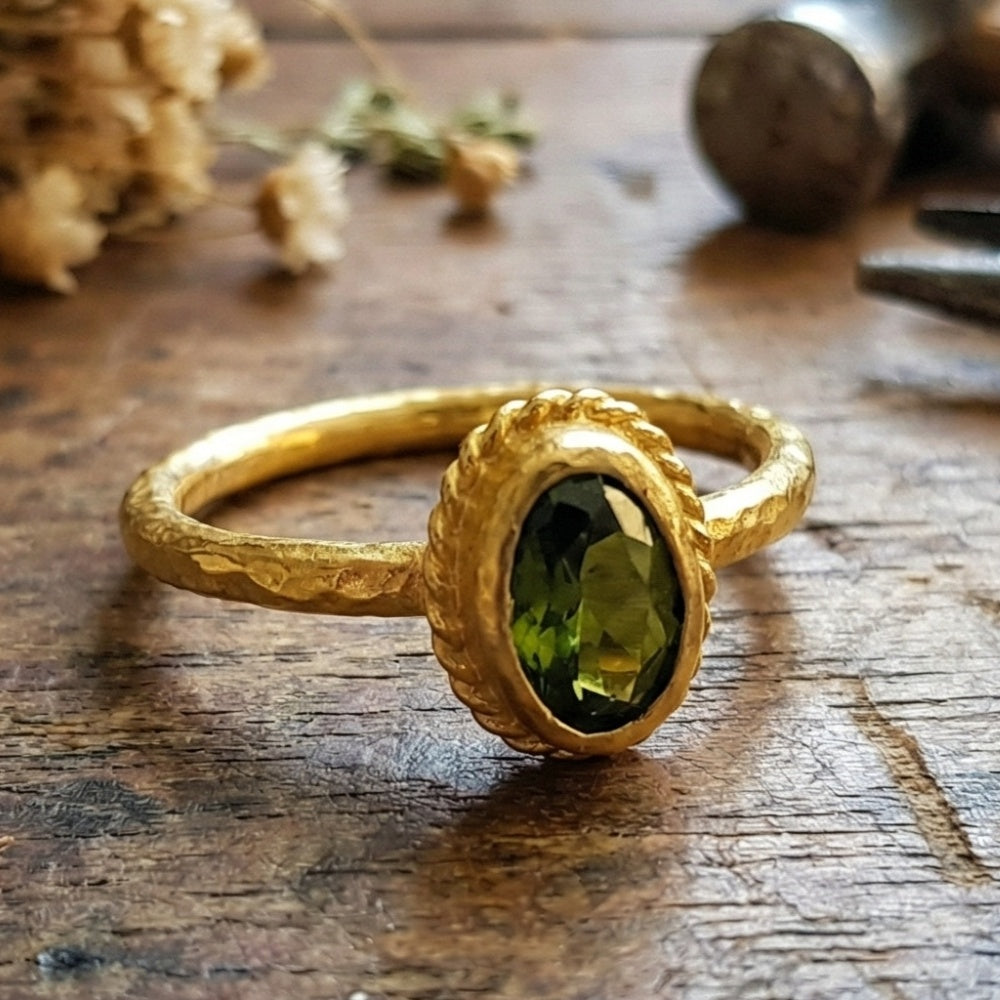 Turkish artisan peridot stack ring with 24K gold plating, 925 sterling silver jewelry handmade by Sultan in Bodrum atelier
