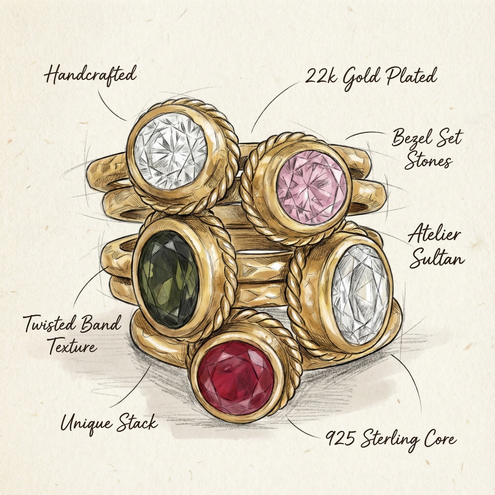 Ancient inspired white topaz pear ring with gold finish, handcrafted women's jewelry symbolizing clarity, perfect meaningful gift
