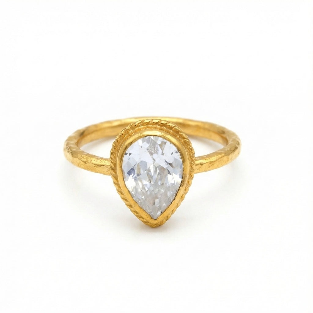 Handmade gold white topaz pear ring by Sultan, 925 sterling silver with ancient inspired design, symbol of clarity and focus
