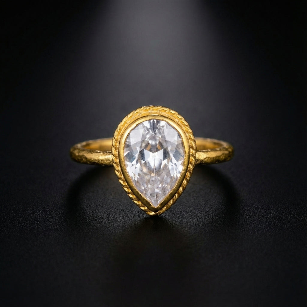 Designer gold white topaz pear stack ring inspired by ancient civilizations, handcrafted 925 silver jewelry from Bodrum workshop
