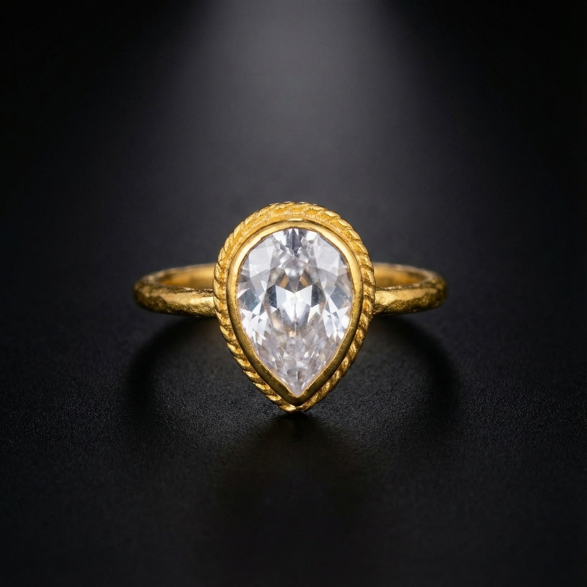 Designer gold white topaz pear stack ring inspired by ancient civilizations, handcrafted 925 silver jewelry from Bodrum workshop
