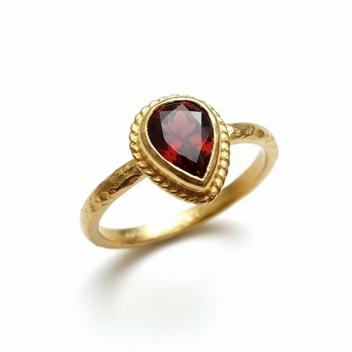 Pear Shape Red Garnet Stackable Hammered Yellow Gold Ring By Sultan Bodrum Tuırkey