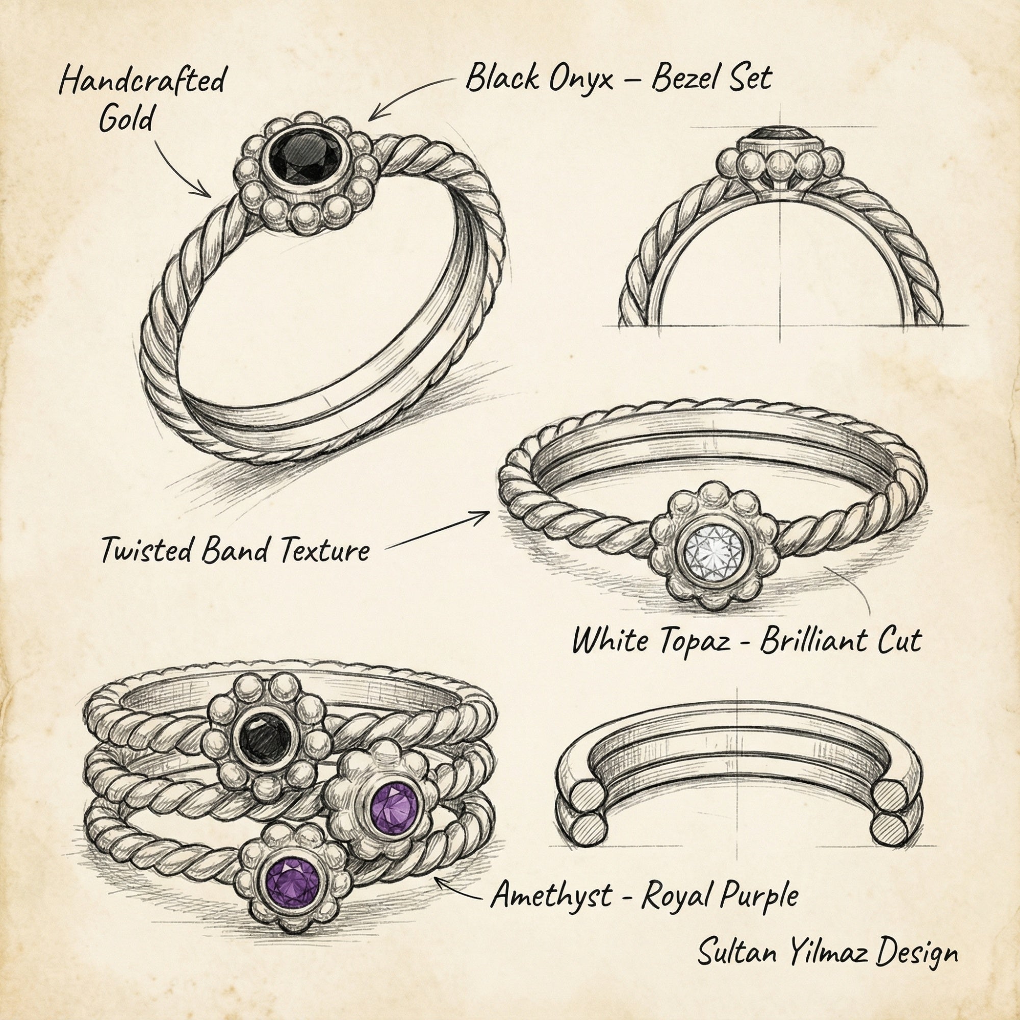 Handmade gold stack rings with natural peridot and amethyst gemstones, 925 silver jewelry by Sultan, symbol of compassion and protection
