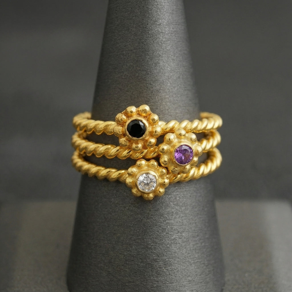 Turkish artisan peridot amethyst stack rings with 24K gold plating, 925 sterling silver jewelry handmade by Sultan in Bodrum atelier
