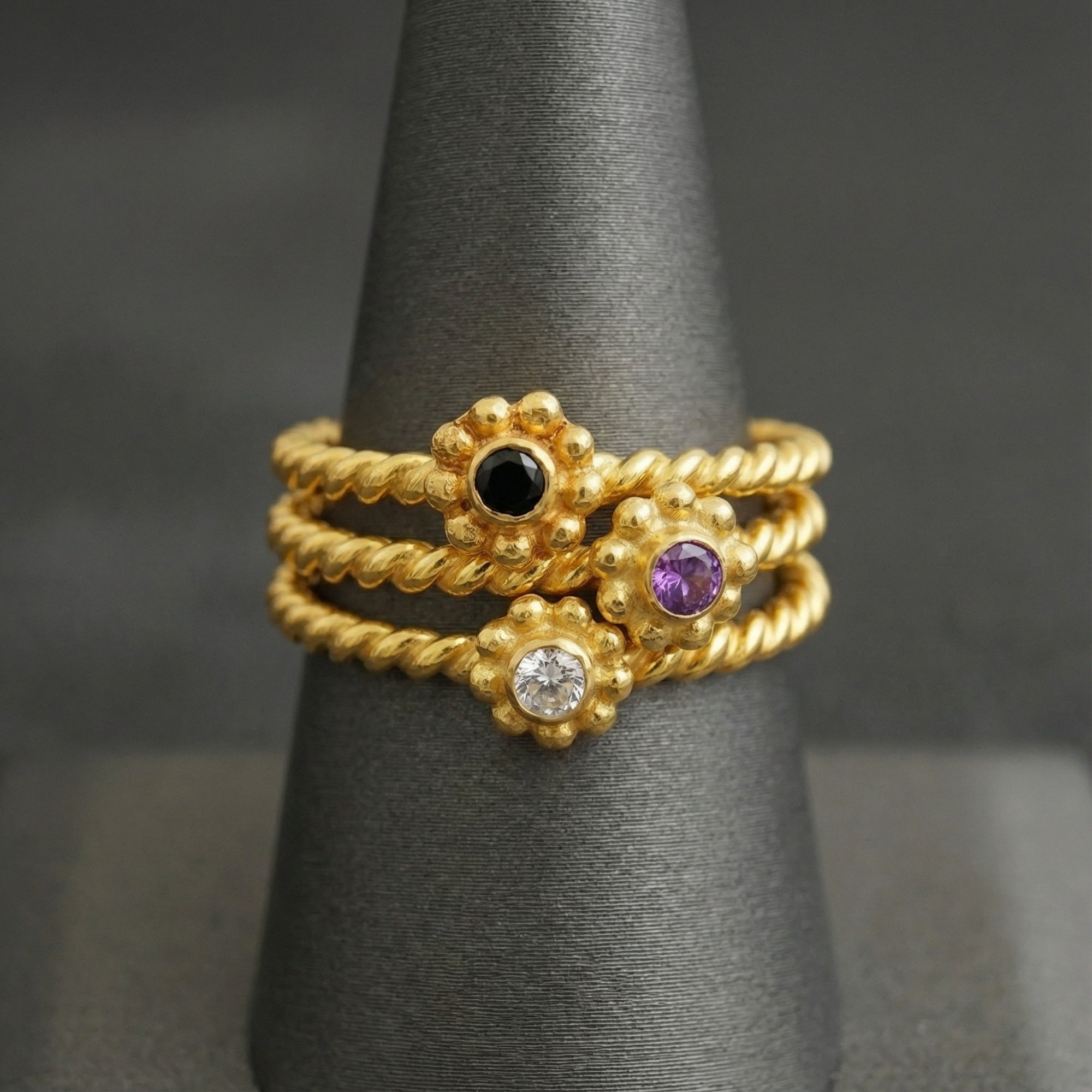Turkish artisan peridot amethyst stack rings with 24K gold plating, 925 sterling silver jewelry handmade by Sultan in Bodrum atelier
