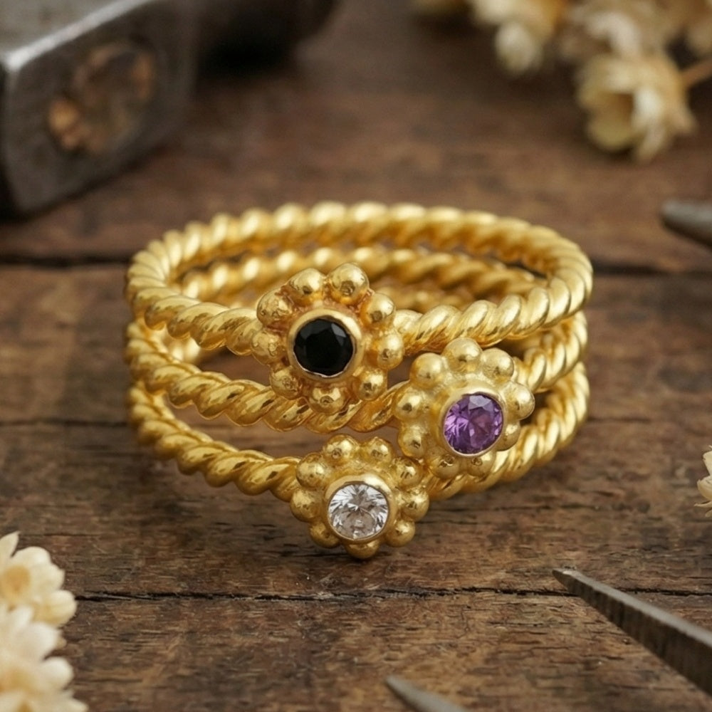 Ancient inspired peridot amethyst stack rings with gold finish, handcrafted women's jewelry symbolizing harmony, perfect meaningful gift
