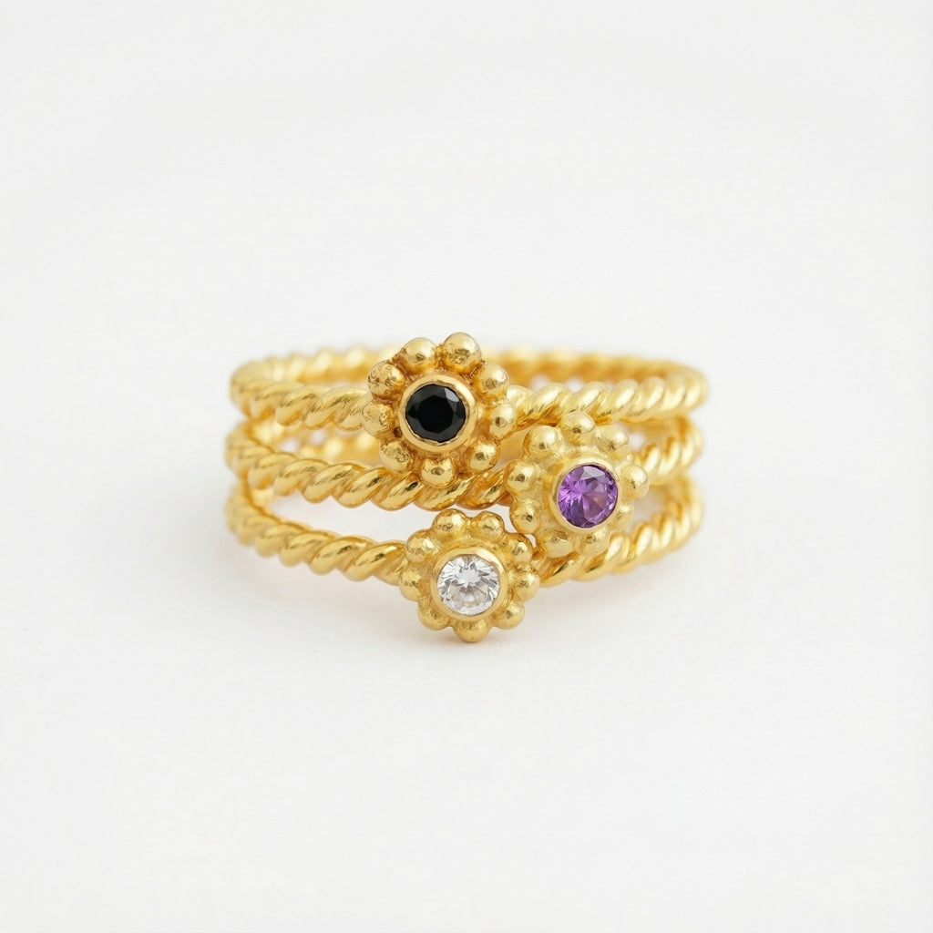 Handmade gold peridot amethyst stack rings by Sultan, 925 sterling silver with ancient inspired design, symbol of harmony and protection

