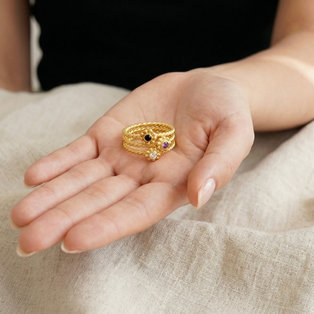 Gold plated peridot amethyst stack rings on hand, 925 silver jewelry with colorful gemstones, perfect gift for women who love unique designer pieces
