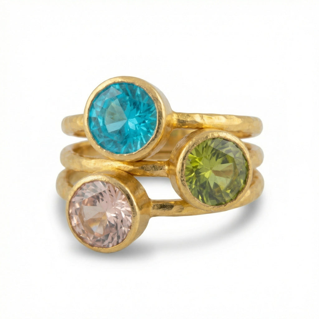 Handcrafted peridot and peach topaz stacking ring set in 925 sterling silver with gold plating, designed by Sultan in Bodrum, Turkey
