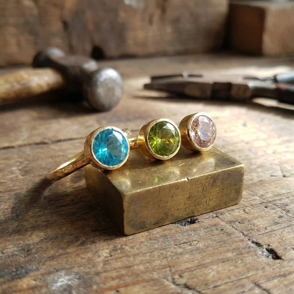 Delicate peridot and topaz ring trio in polished 925 silver with gold accents, unique handmade jewelry from Bodrum atelier
