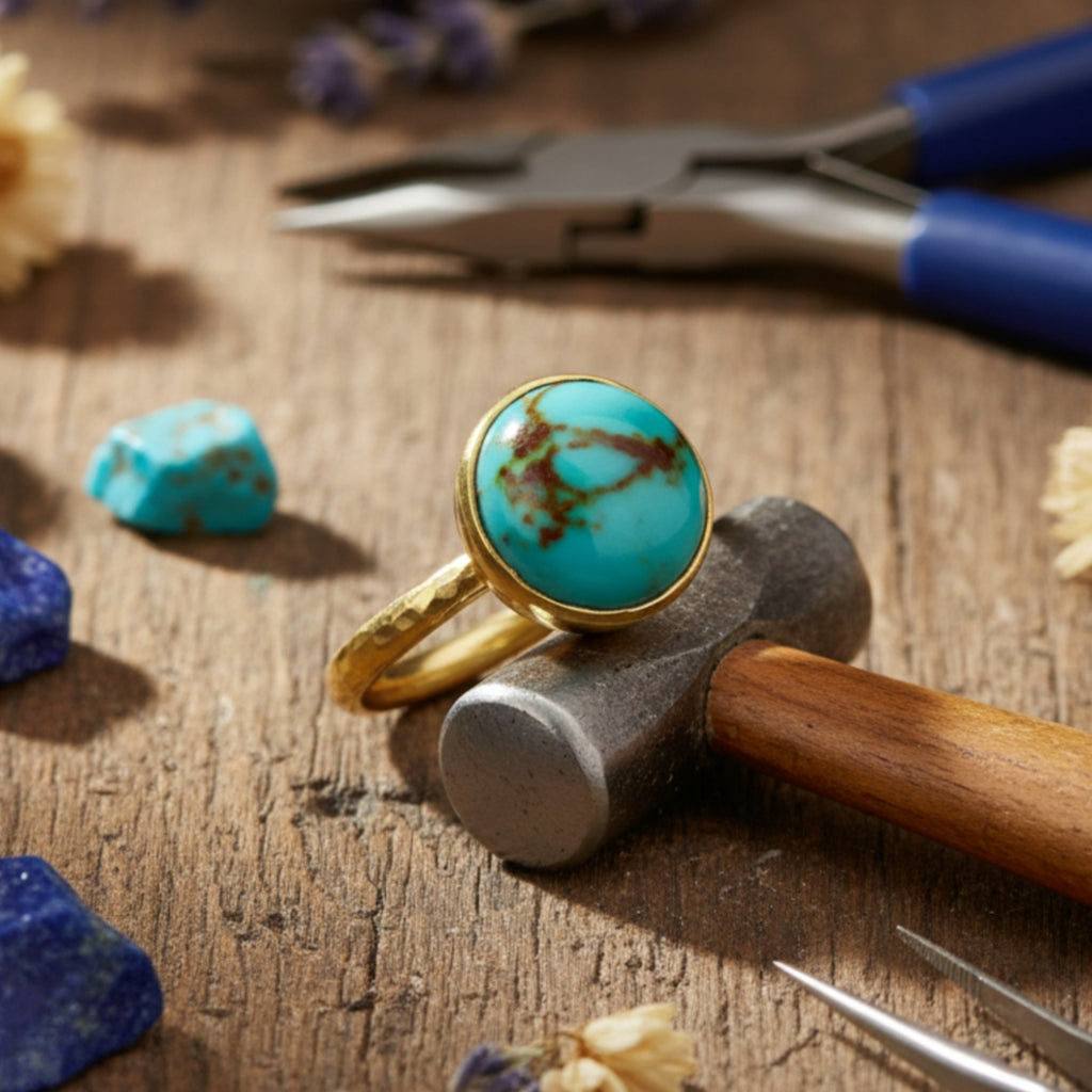 Silver turquoise dome ring on hand, 925 silver jewelry with natural turquoise, perfect gift for women who love unique designer pieces
