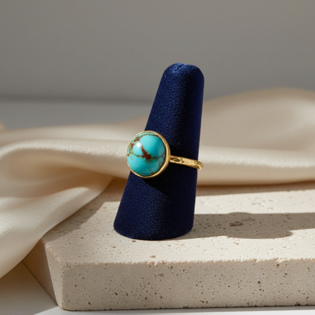Artisan turquoise dome ring detail showing natural blue gemstone on sterling silver, handmade Turkish jewelry
