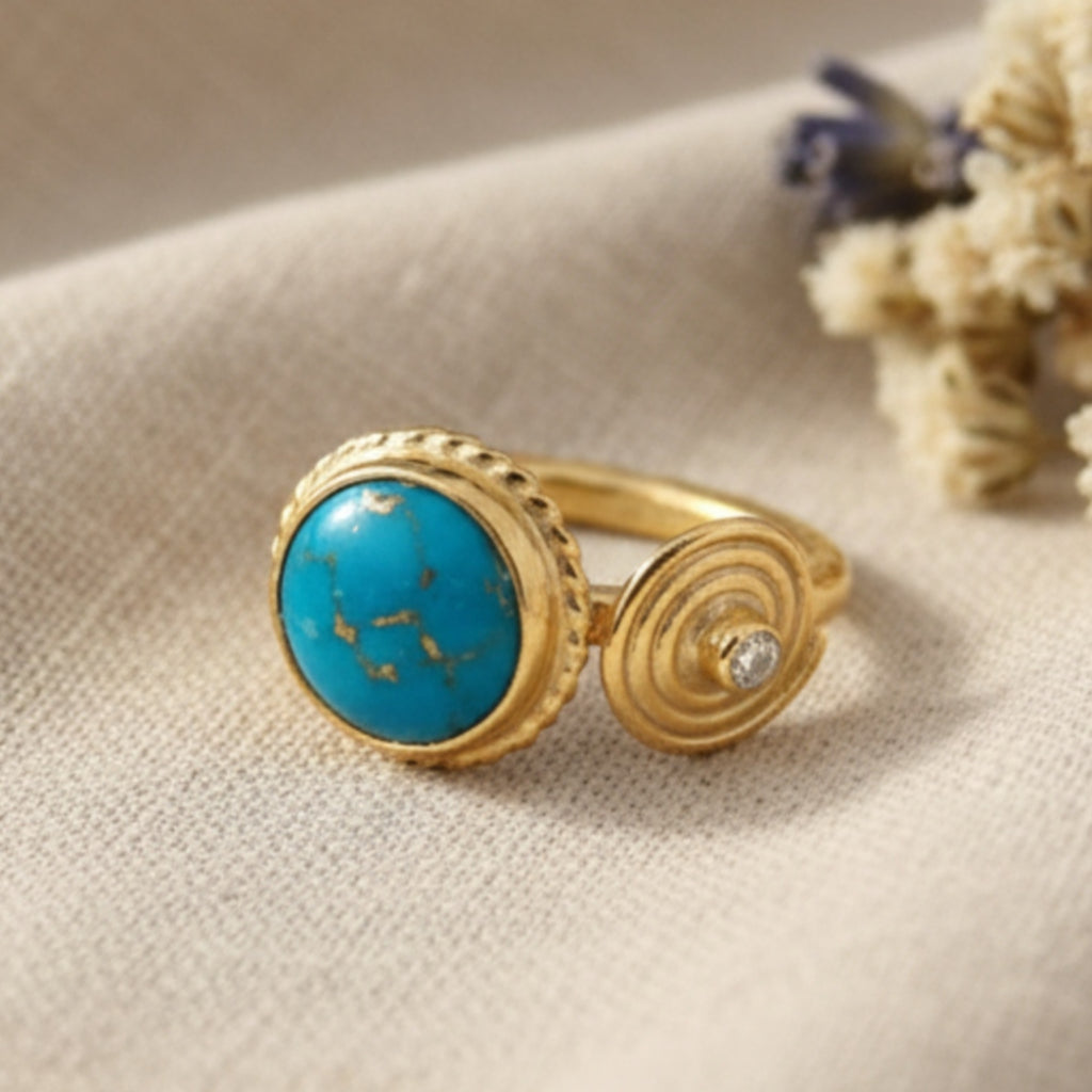 Artisan turquoise topaz ring detail showing natural blue and clear gemstones on sterling silver, handmade Turkish jewelry
