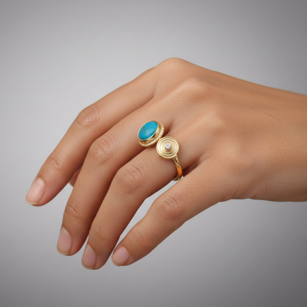 Close-up of Turkish artisan turquoise topaz stack ring showing detailed natural gemstones, handcrafted in Bodrum atelier
