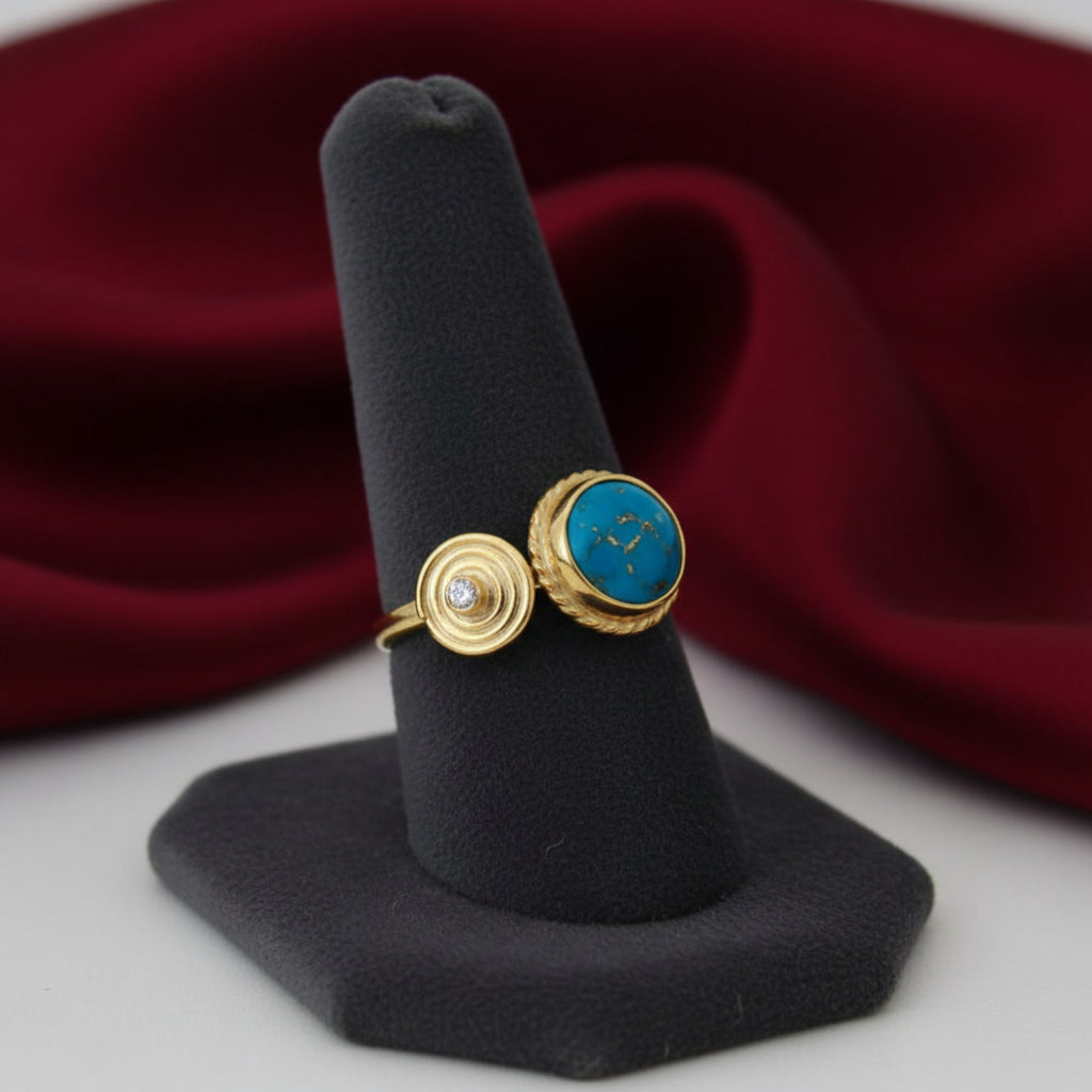 Artisan turquoise topaz ring detail showing natural blue and clear gemstones on sterling silver, handmade Turkish jewelry
