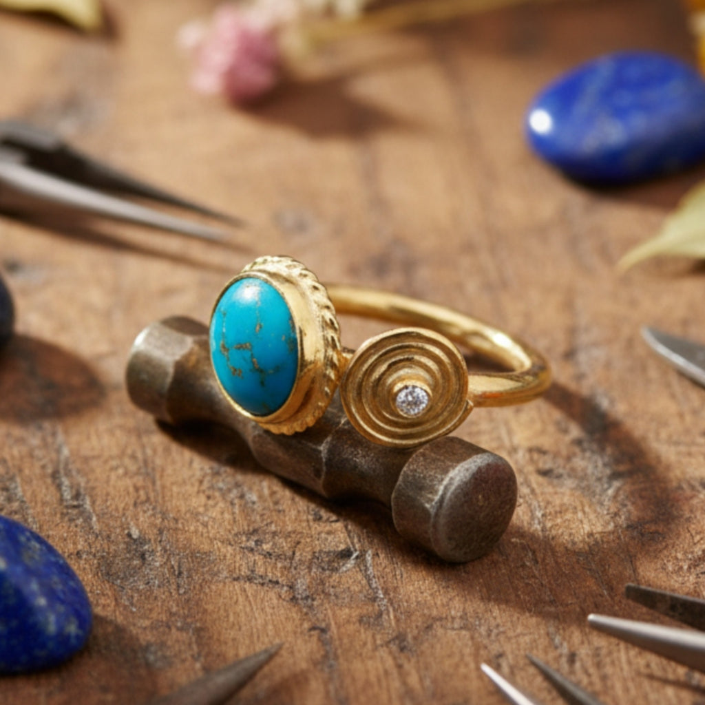 Designer silver turquoise topaz stack ring inspired by ancient civilizations, handcrafted 925 silver jewelry from Bodrum workshop
