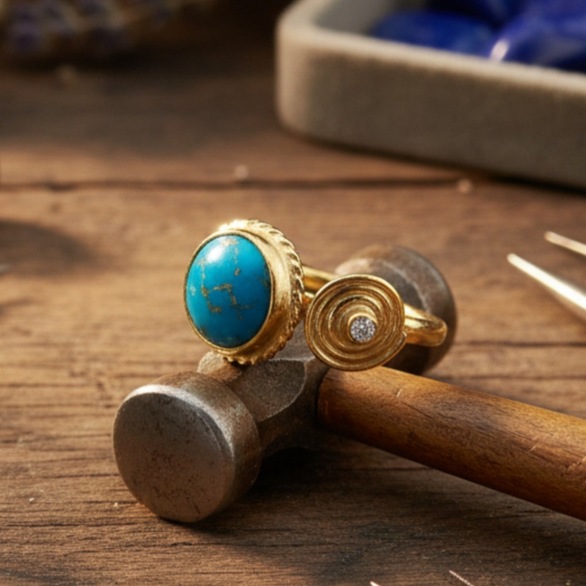 Turkish artisan turquoise topaz stack ring, 925 sterling silver jewelry handmade by Sultan in Bodrum atelier
