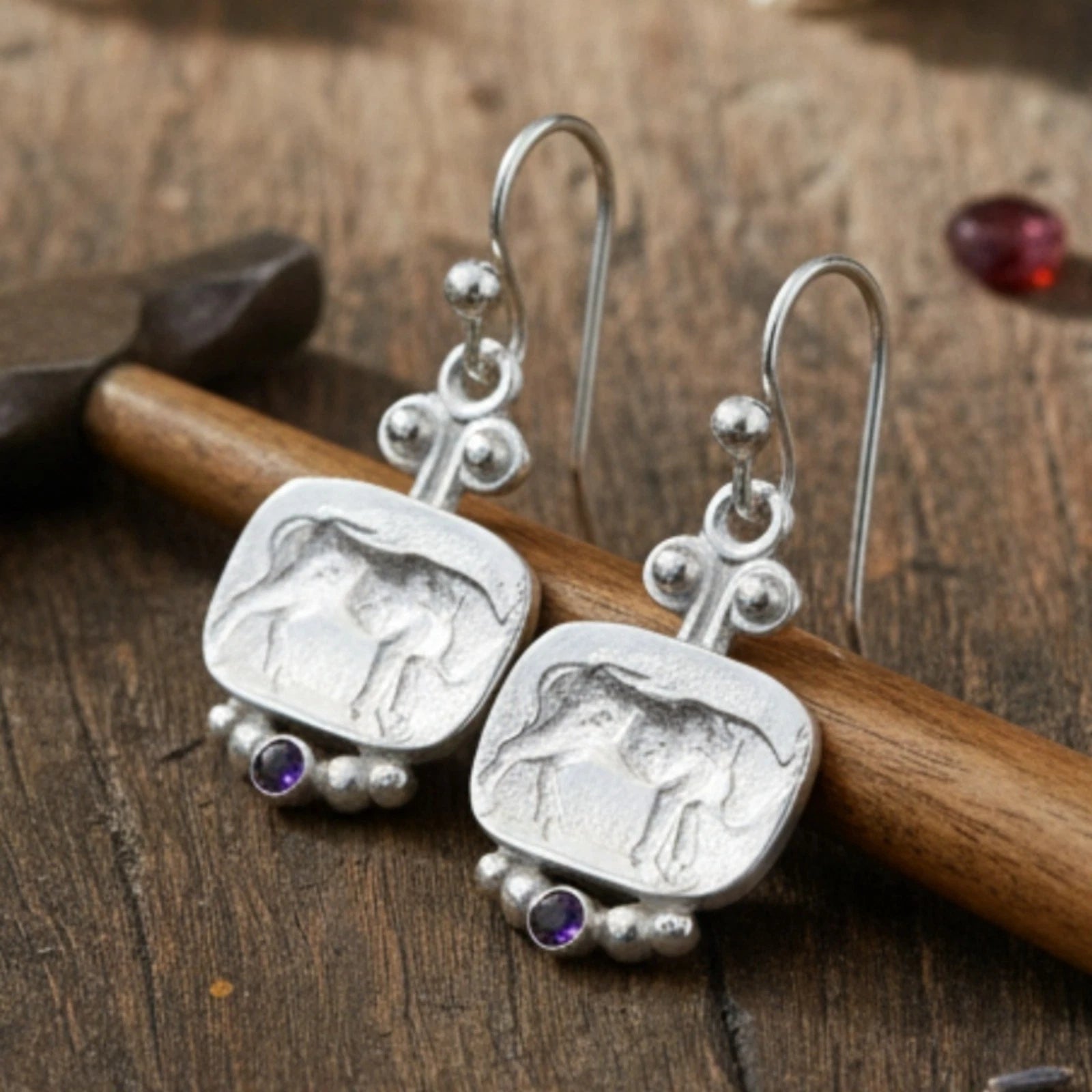  Roman bull coin earrings in 925 sterling silver with amethyst, ancient-inspired Turkish jewelry, perfect gift