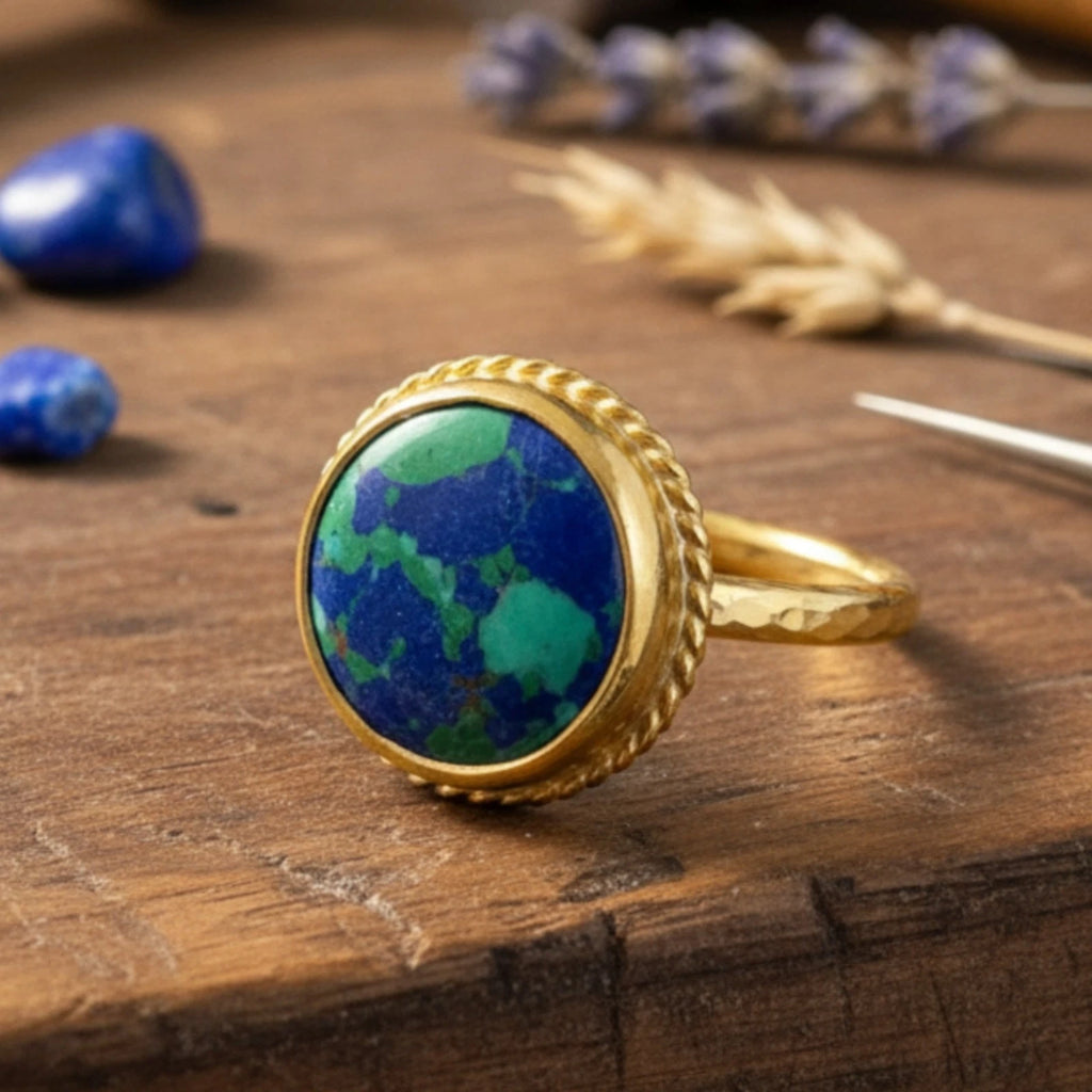 Natural turquoise gemstone ring with white topaz, designer jewelry handmade in Bodrum workshop