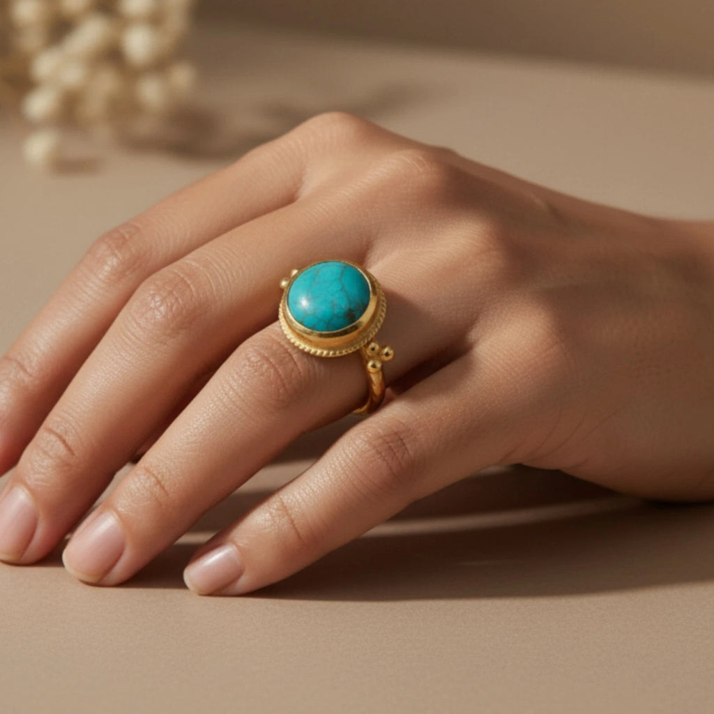 Turkish 925 silver Yellow Gold Turquoise Solitare ring Designer Jewelry Crafted By Atelier Sultan Bodrum