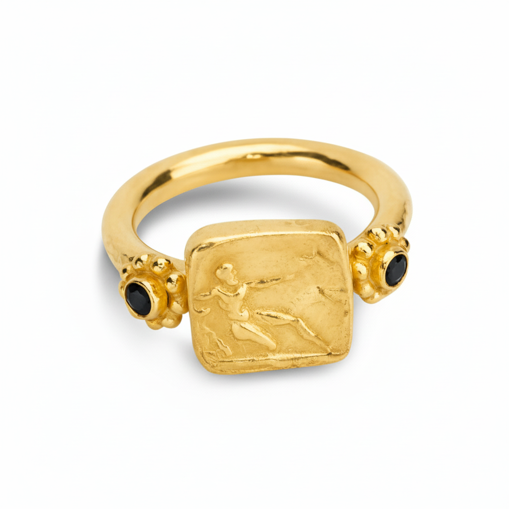 Warrior coin ring on hand, unique artisan jewelry, Bodrum workshop